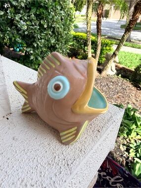 Vintage Style Ceramic Fish Planter Vase Open Mouth Brown Aqua Retro Coastal Deco